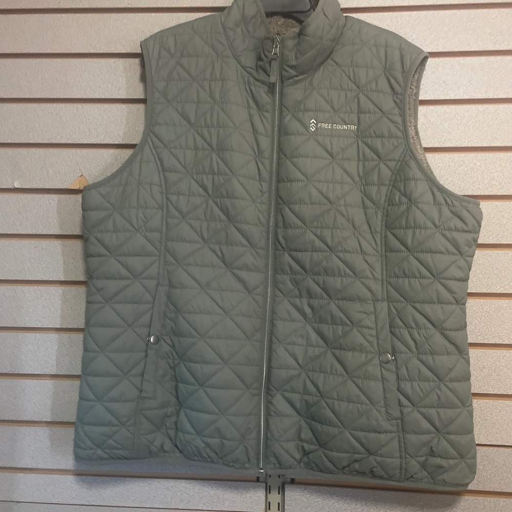 Free Country XXL Sage Green Quilted Vest Faux Fur Fleece Lined Full Zip‎